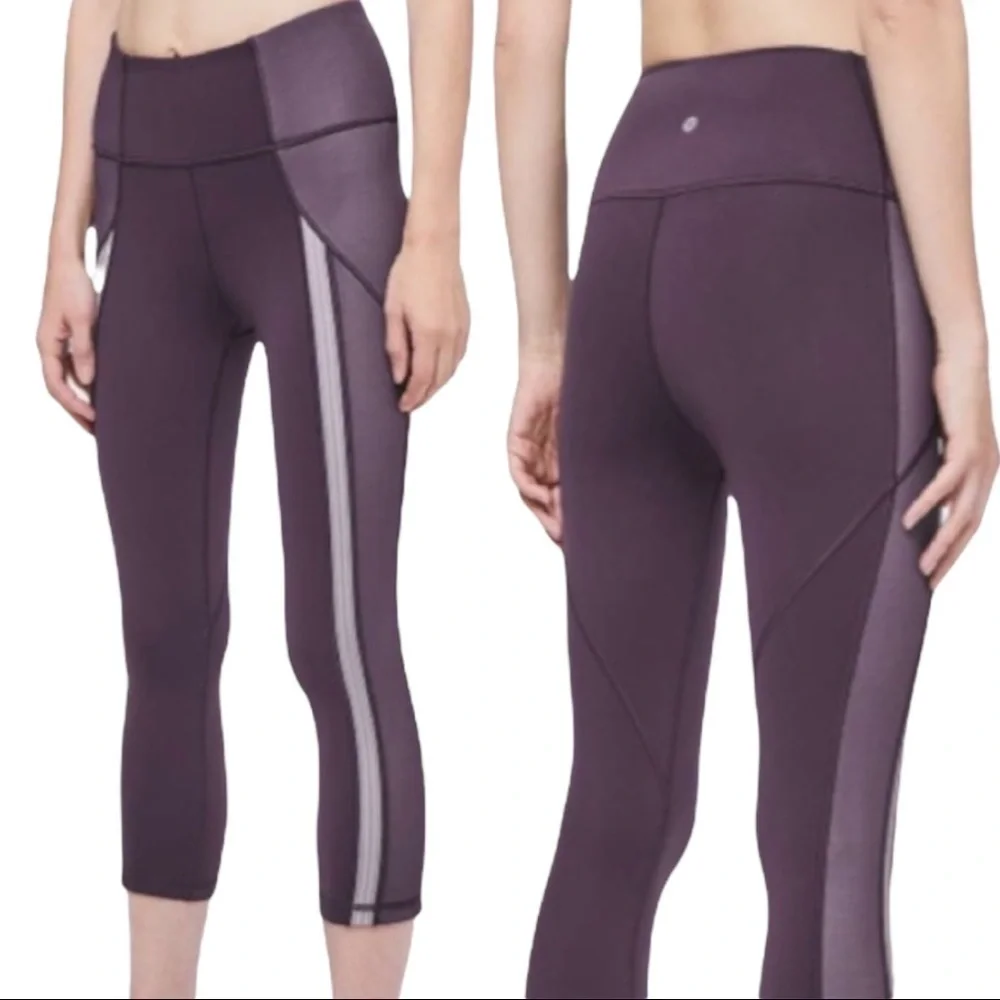 LULULEMON‎ CYBER DARK CHROME PRUPLE POWER LINES CROPPED LEGGINGS YOGA RUNNING 10